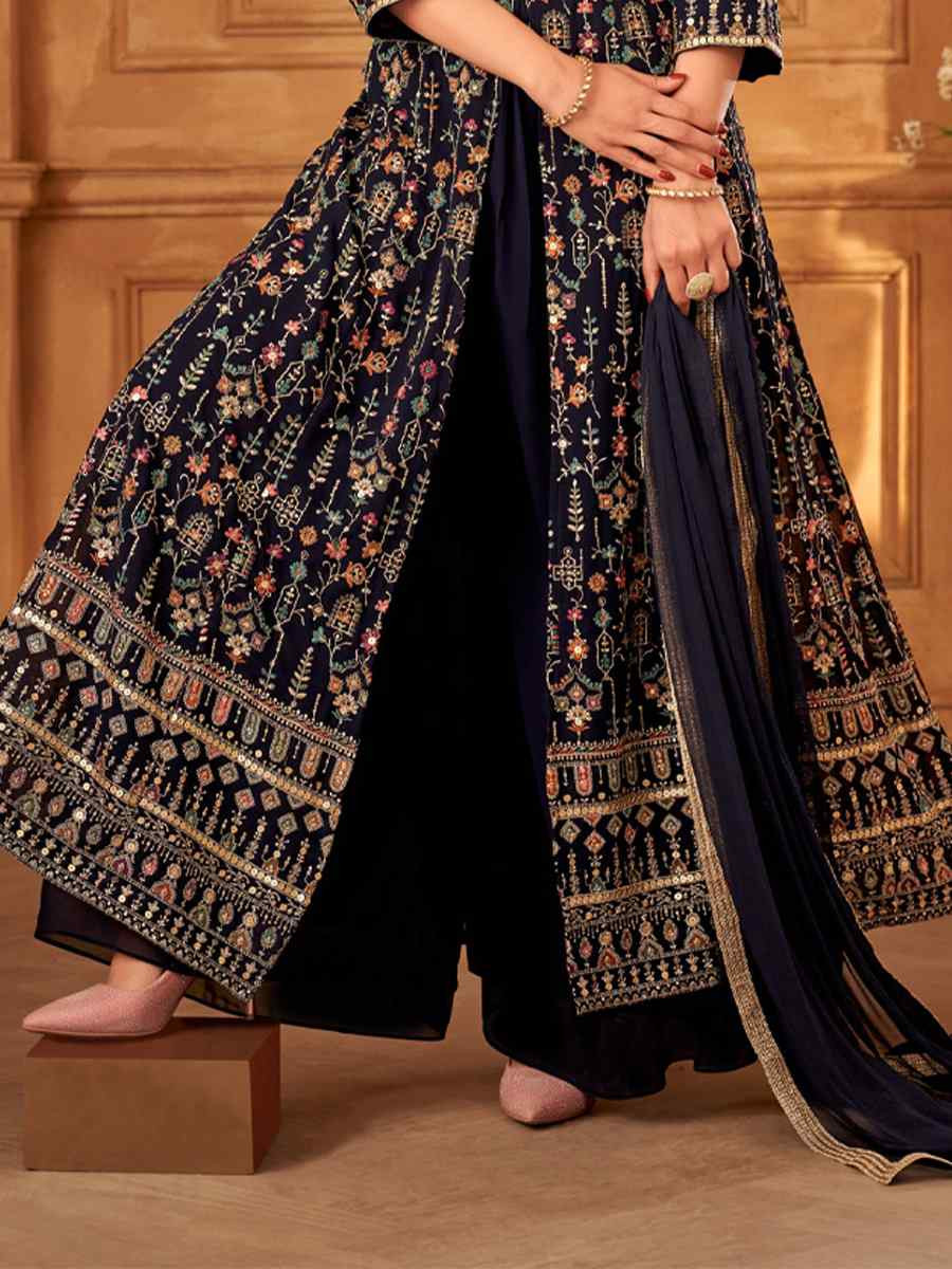 Black Georgette Embroidered Festival Wedding Ready Palazzo Pant Salwar Kameez