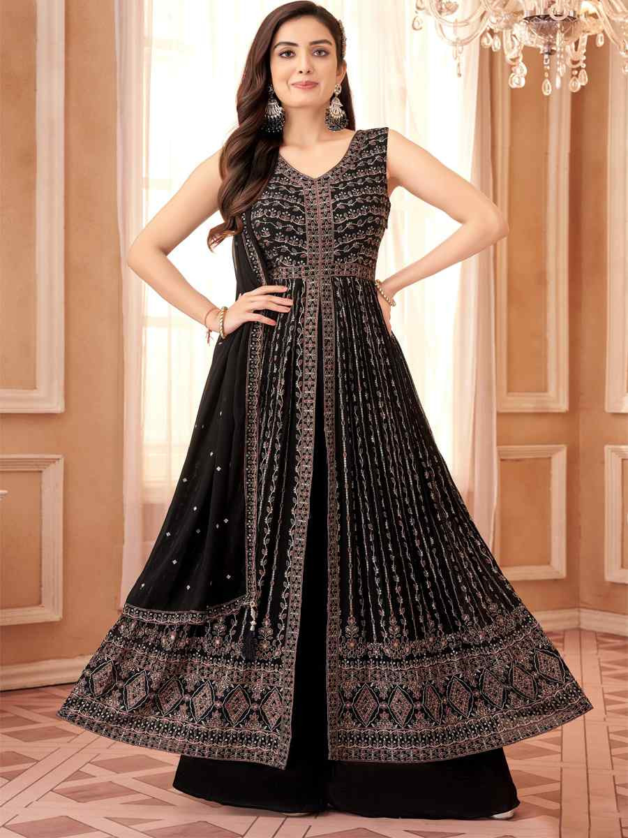 Black Georgette Embroidered Festival Wedding Ready Palazzo Pant Salwar Kameez