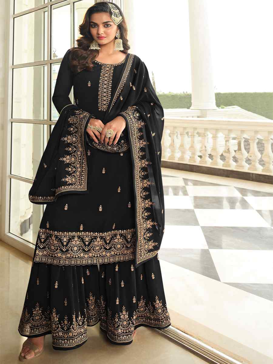 Black Georgette Embroidered Festival Wedding Sharara Pant Salwar Kameez