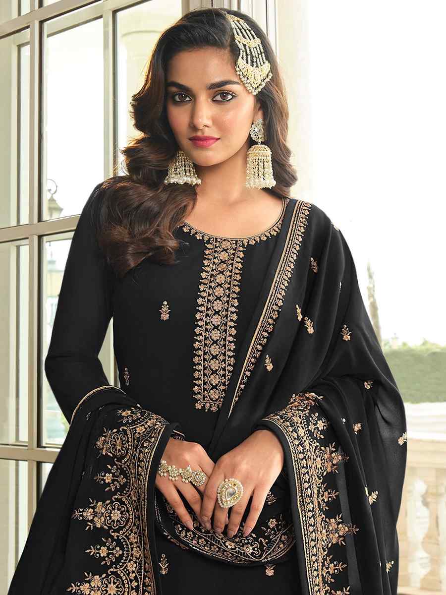 Black Georgette Embroidered Festival Wedding Sharara Pant Salwar Kameez