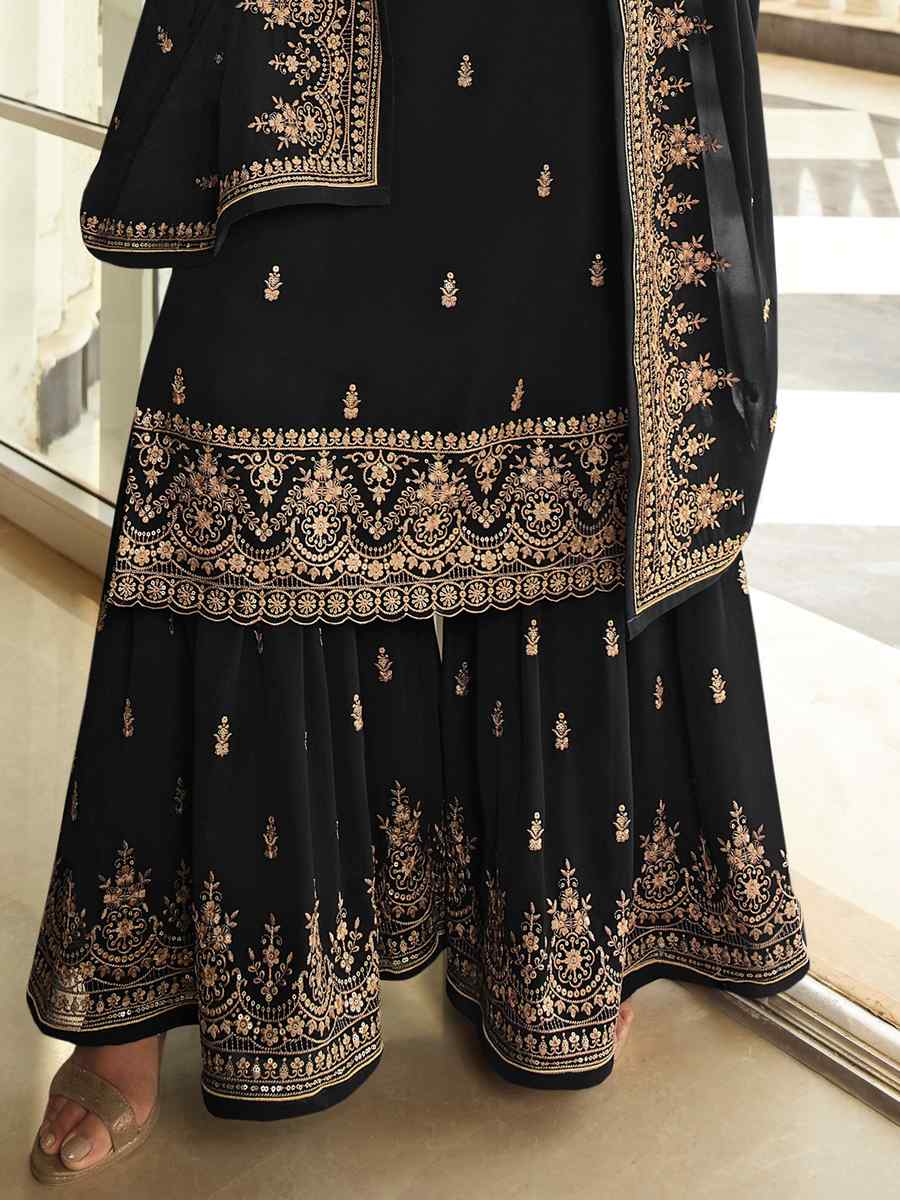 Black Georgette Embroidered Festival Wedding Sharara Pant Salwar Kameez