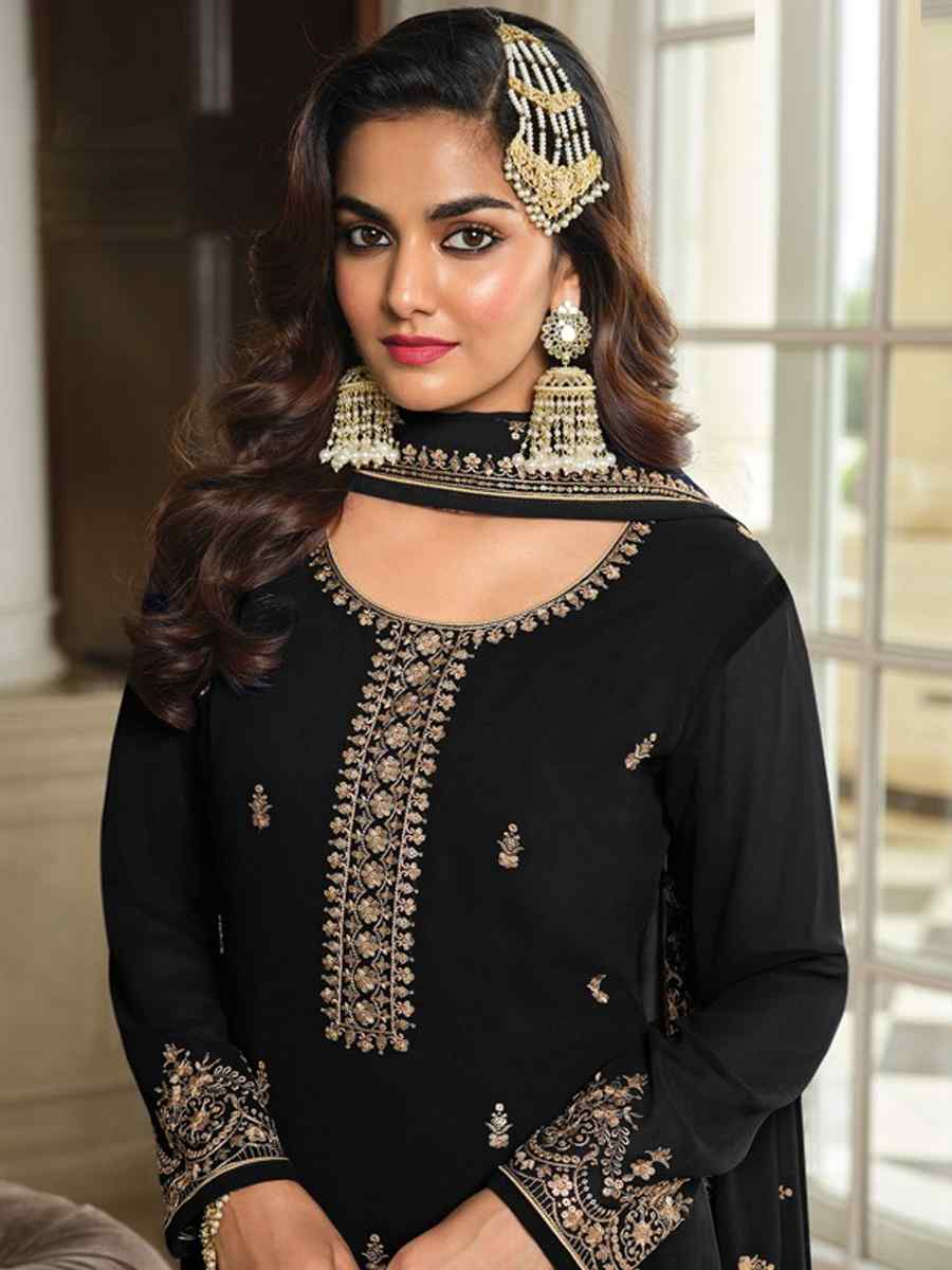 Black Georgette Embroidered Festival Wedding Sharara Pant Salwar Kameez