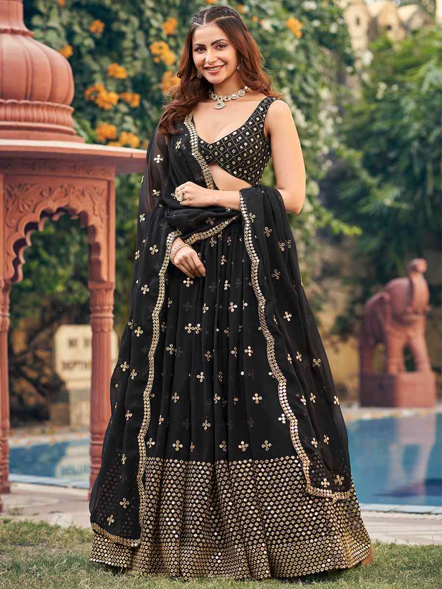 Black Georgette Embroidered Reception Wedding Heavy Border Lehenga Choli