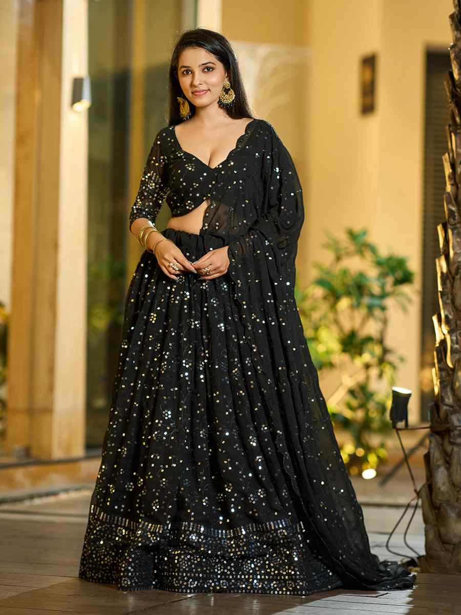 Black Georgette Embroidered Wedding Party Wear Heavy Border Lehenga Choli