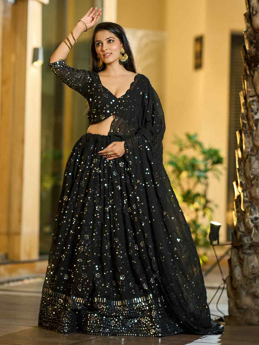 Black Georgette Embroidered Wedding Party Wear Heavy Border Lehenga Choli