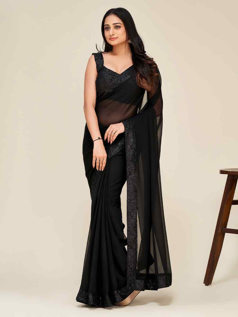 Black Georgette Handwoven Festival Party Classic Style Saree