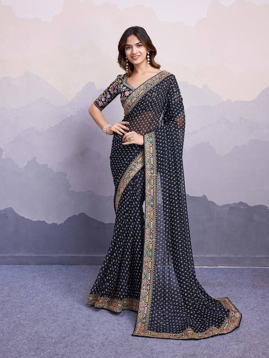 Black Georgette Handwoven Festival Party Heavy Border Saree