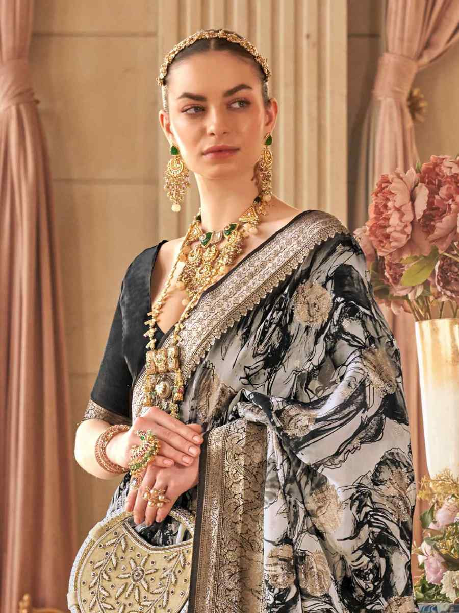 Black Georgette Handwoven Festival Wedding Heavy Border Saree