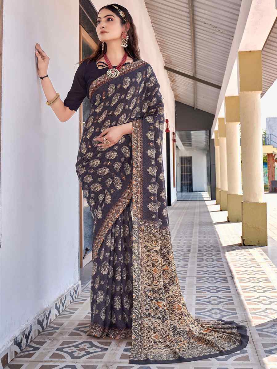 Black Georgette Printed Casual Festival Contemporary Saree