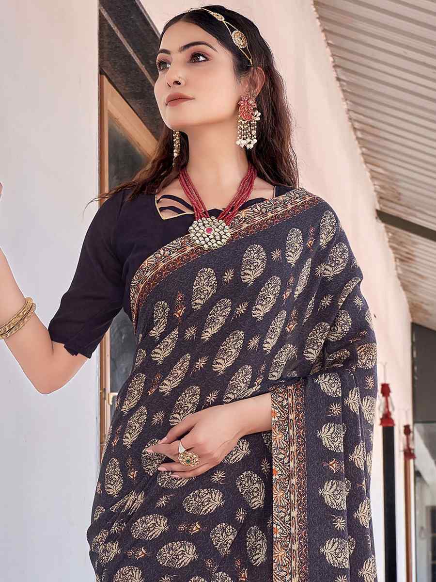 Black Georgette Printed Casual Festival Contemporary Saree