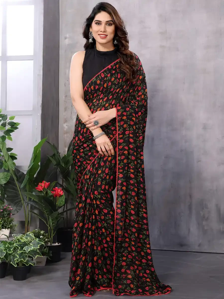 Black Georgette Printed Festival Casual Contemporary Saree