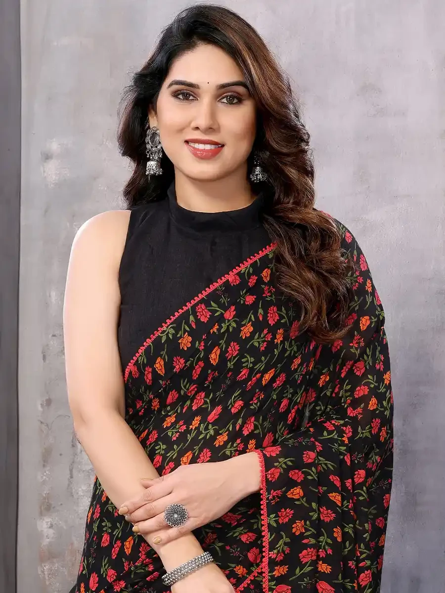 Black Georgette Printed Festival Casual Contemporary Saree