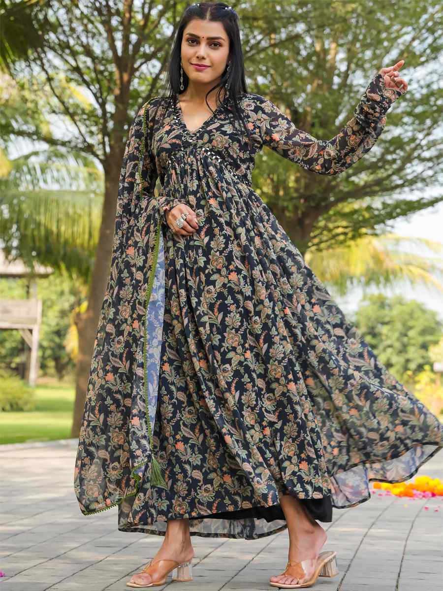 Black Georgette Printed Festival Casual Gown