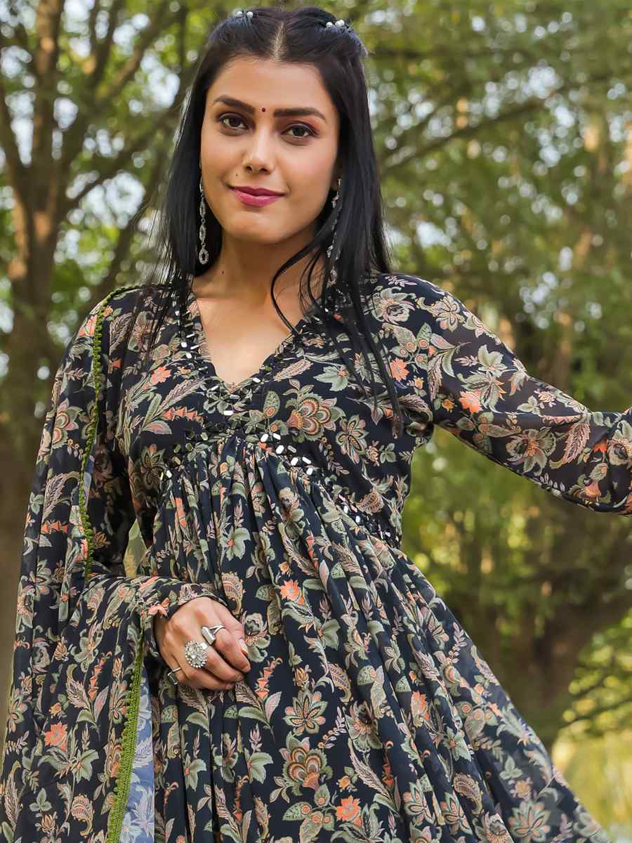 Black Georgette Printed Festival Casual Gown