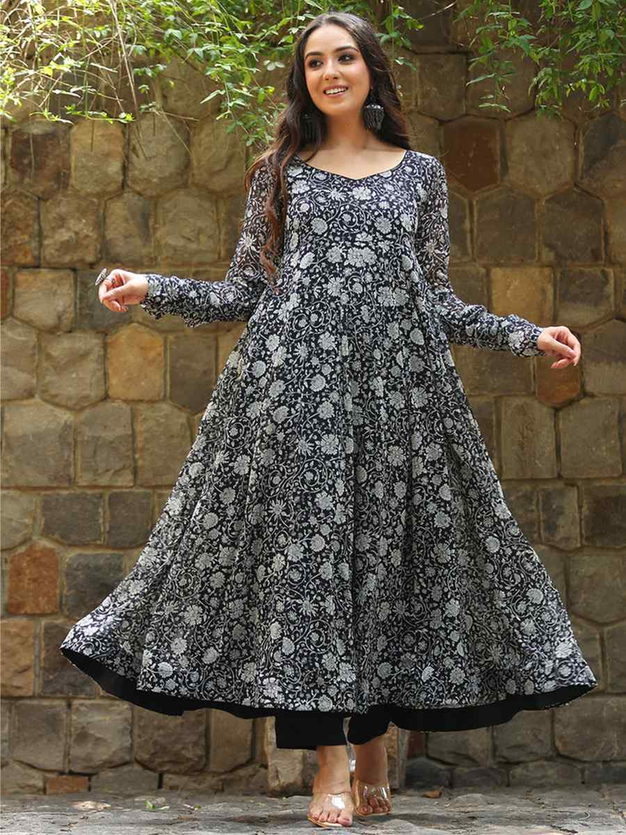 Black Georgette Printed Festival Party Gown