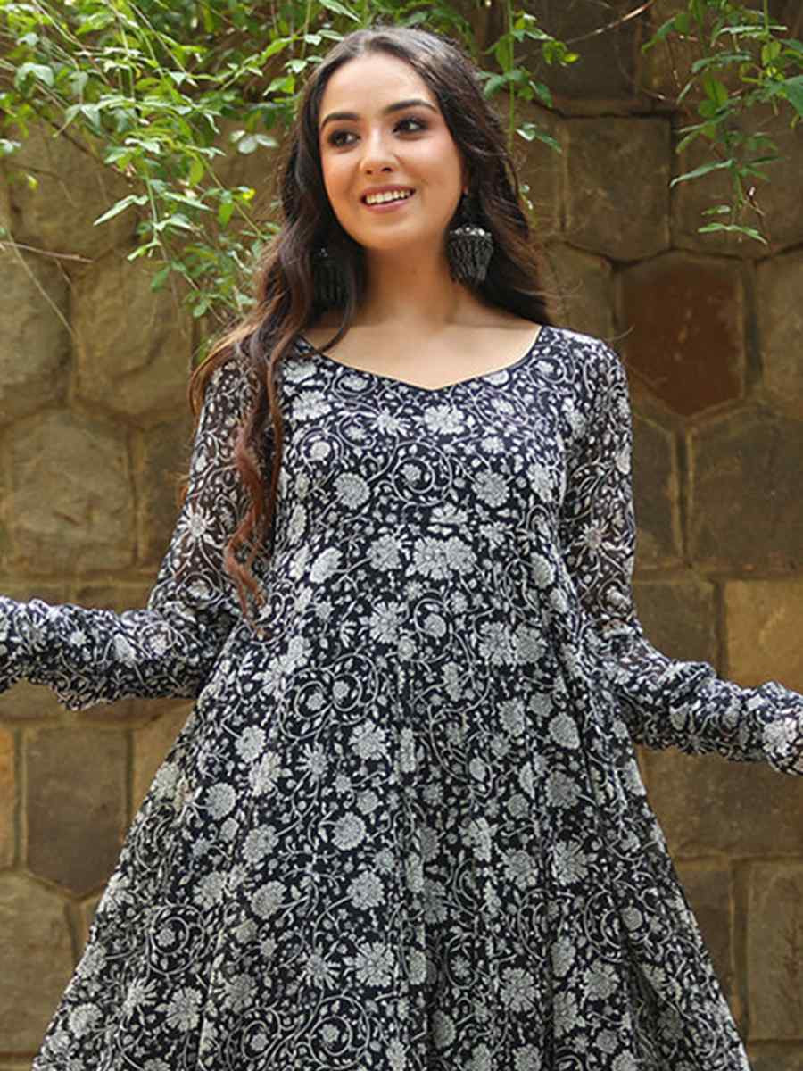 Black Georgette Printed Festival Party Gown