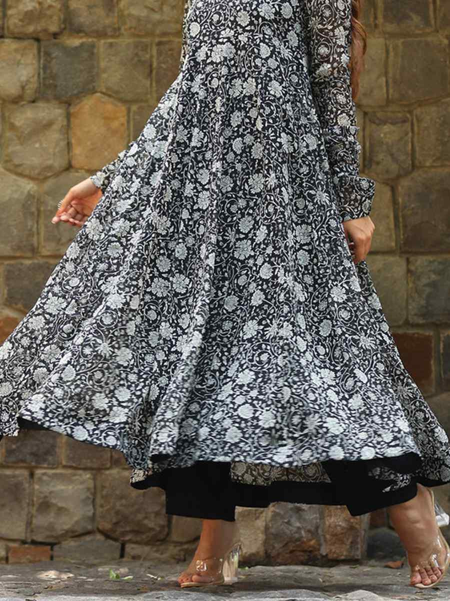 Black Georgette Printed Festival Party Gown