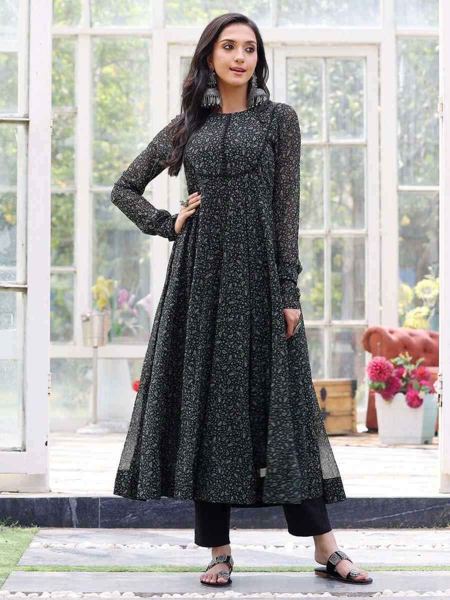 Black Georgette Printed Festival Party Gown