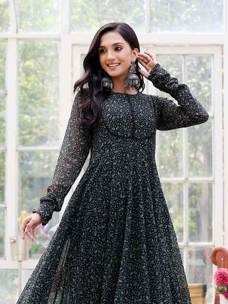 Black Georgette Printed Festival Party Gown