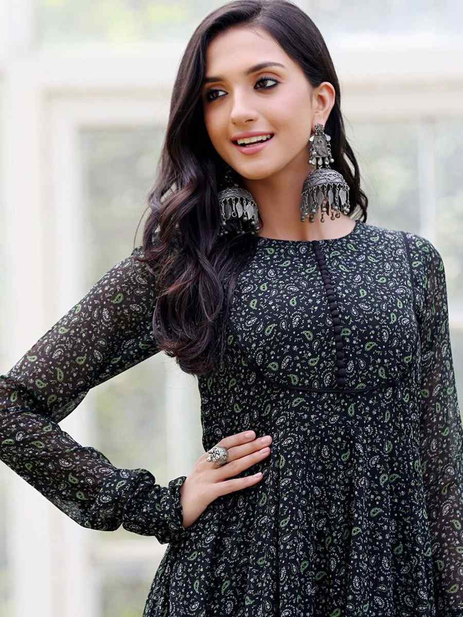 Black Georgette Printed Festival Party Gown