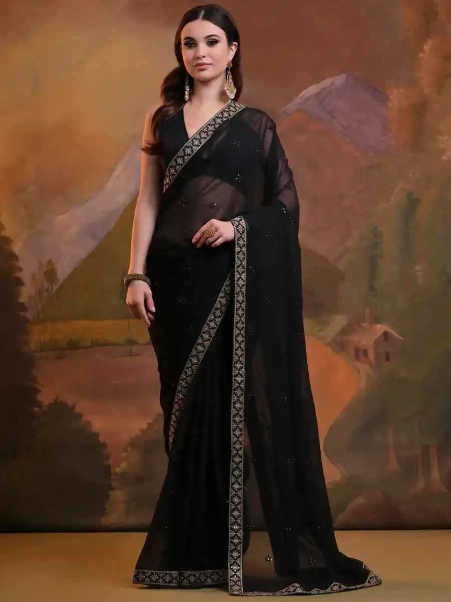 Black Georgette Sequins Cocktail Party Classic Style Saree