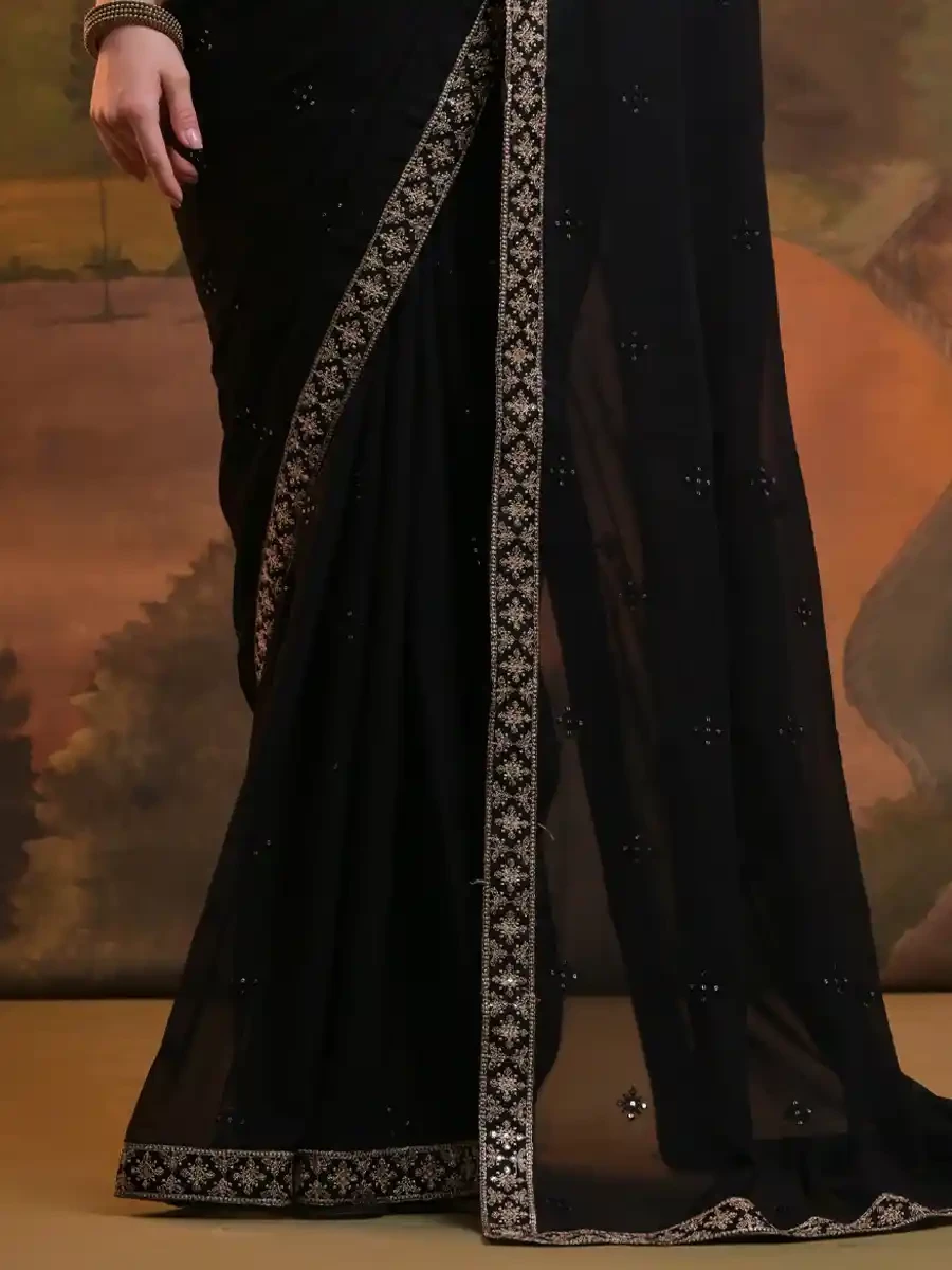 Black Georgette Sequins Cocktail Party Classic Style Saree