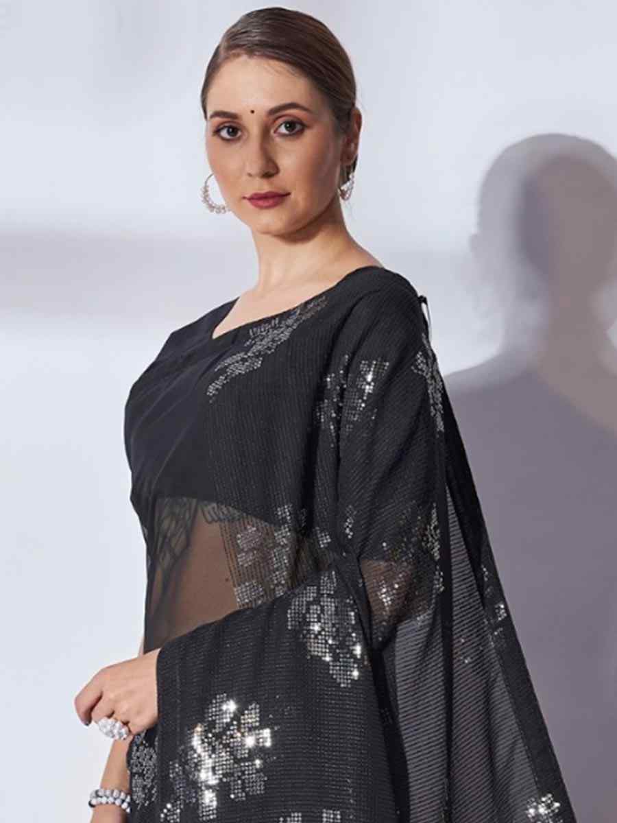 Black Georgette Sequins Party Festival Classic Style Saree