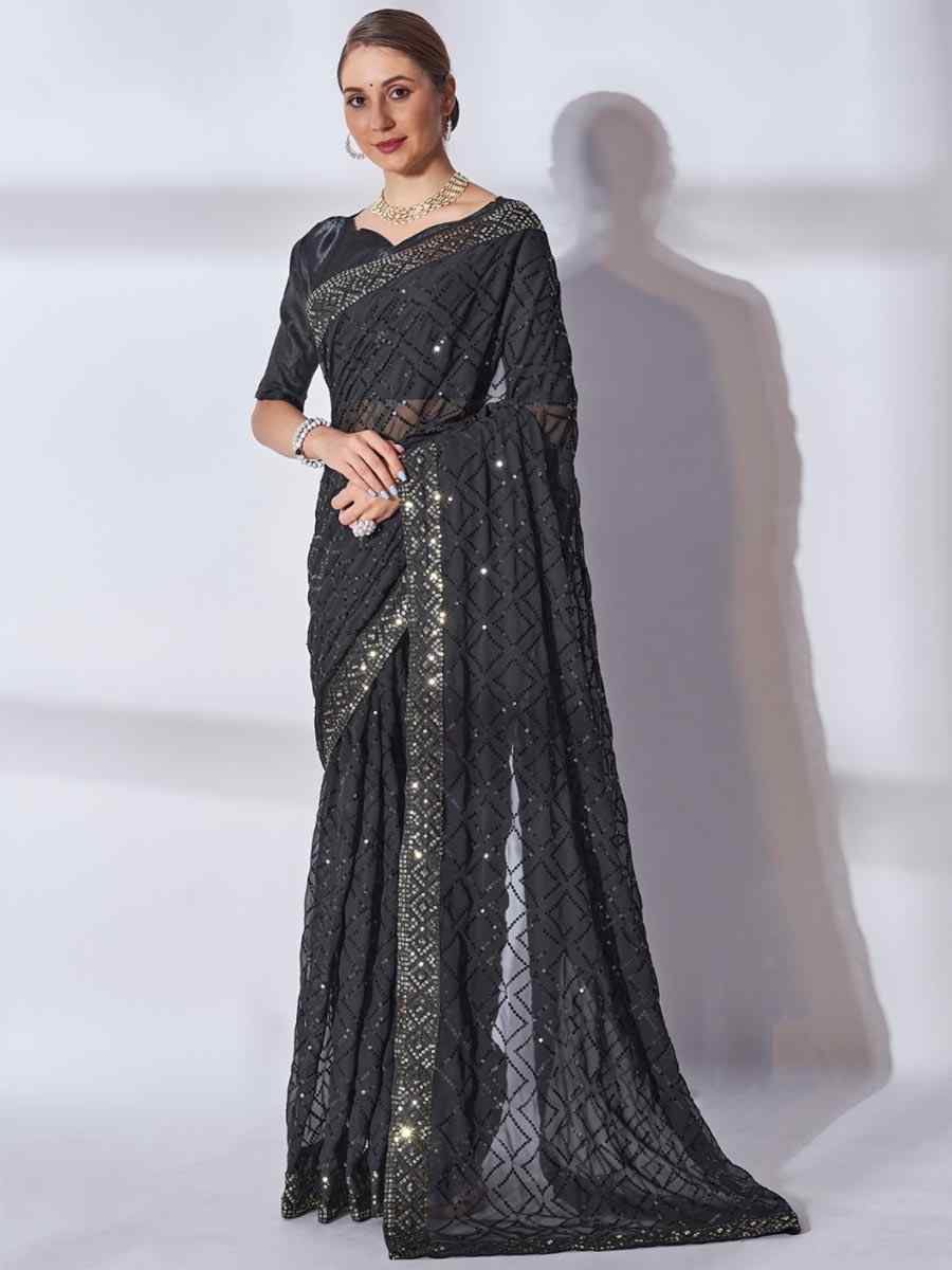 Black Georgette Sequins Party Festival Classic Style Saree