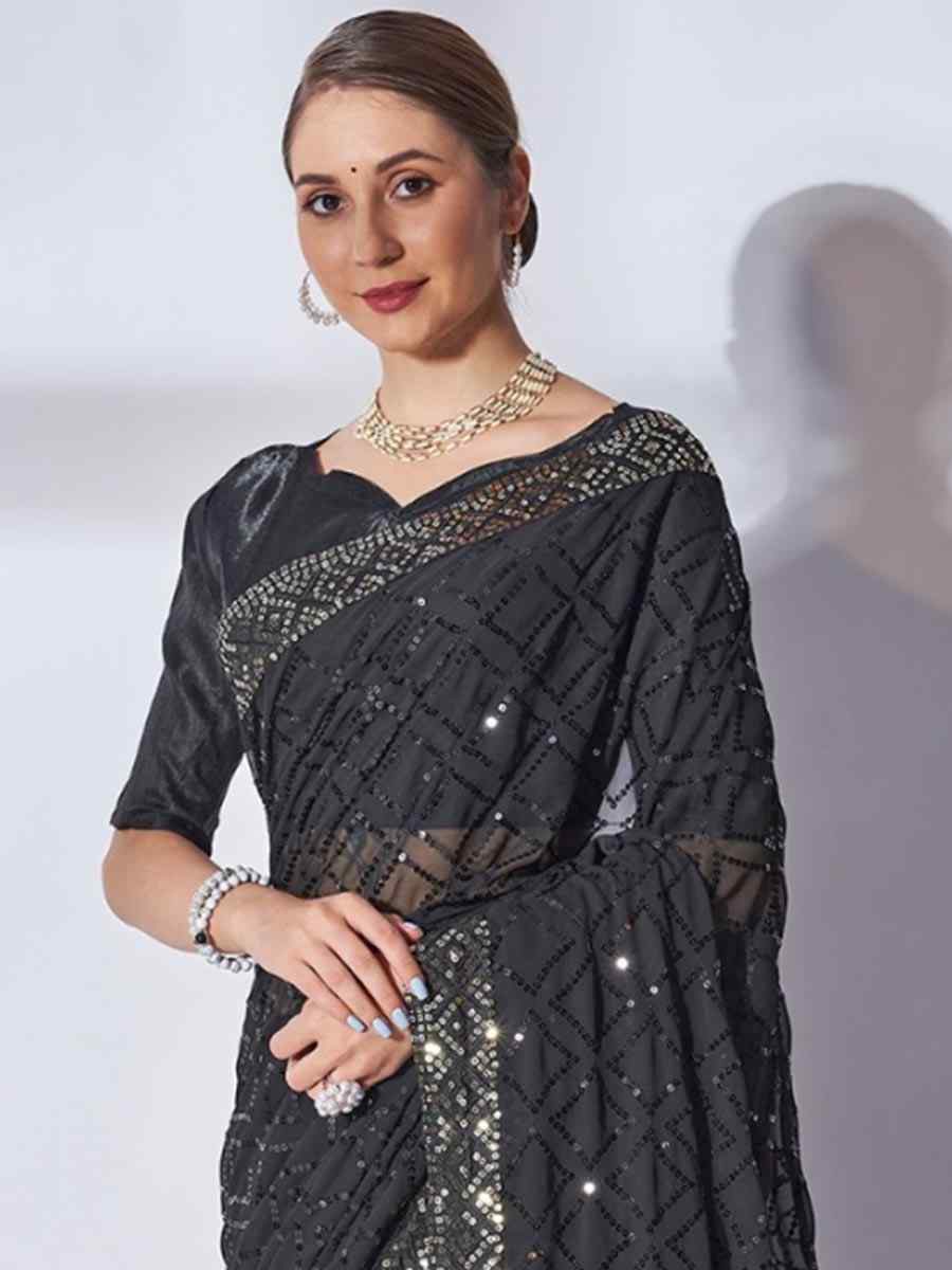 Black Georgette Sequins Party Festival Classic Style Saree