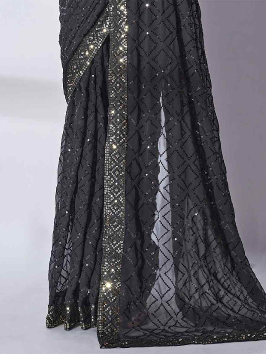 Black Georgette Sequins Party Festival Classic Style Saree