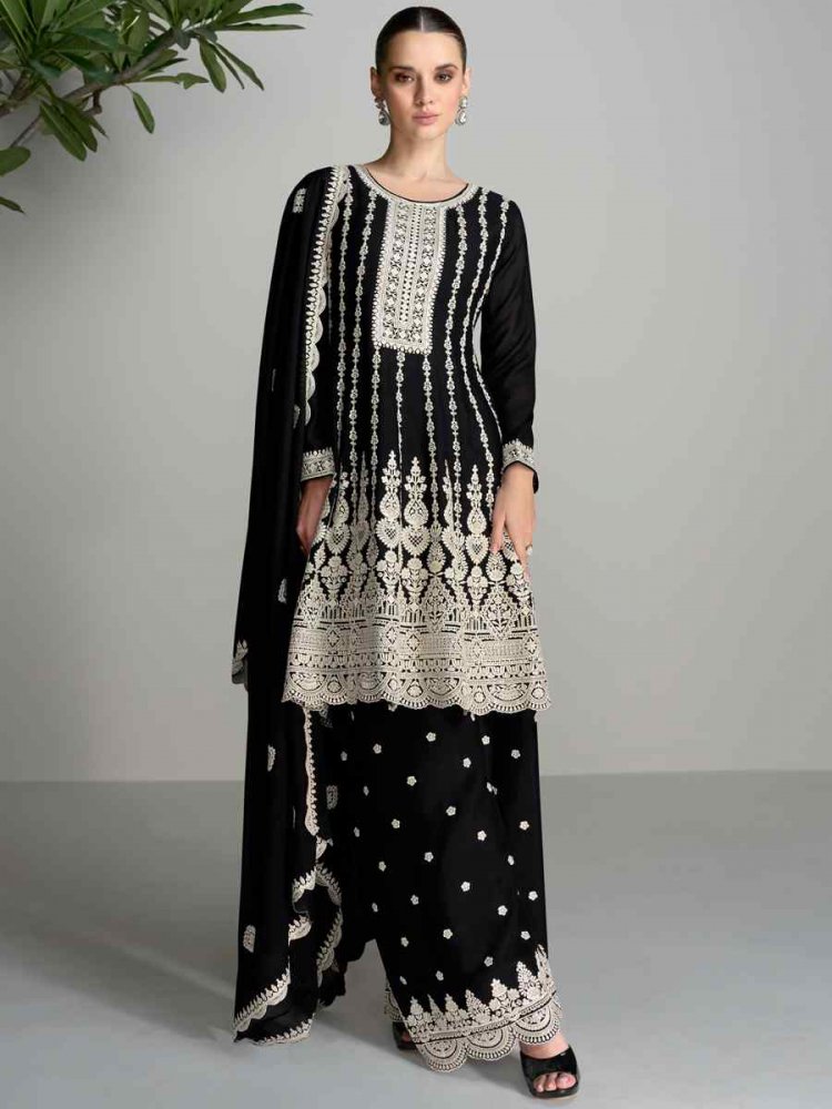 Black Heavy Blomming Chinon Embroidered Festival Casual Palazzo Pant Salwar Kameez