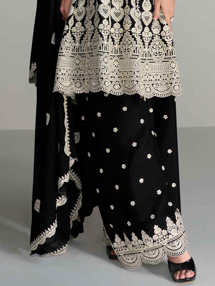 Black Heavy Blomming Chinon Embroidered Festival Casual Palazzo Pant Salwar Kameez