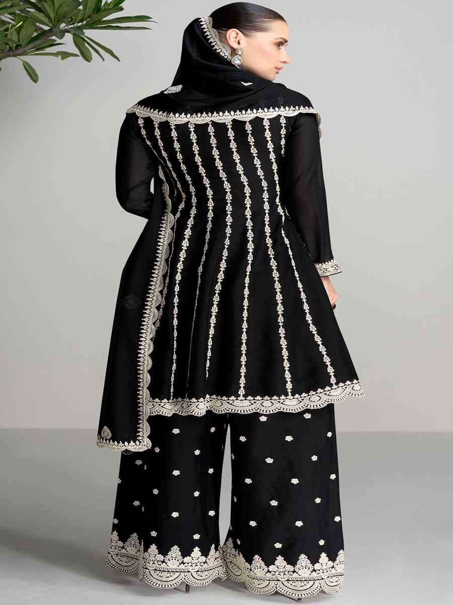 Black Heavy Blomming Chinon Embroidered Festival Casual Palazzo Pant Salwar Kameez