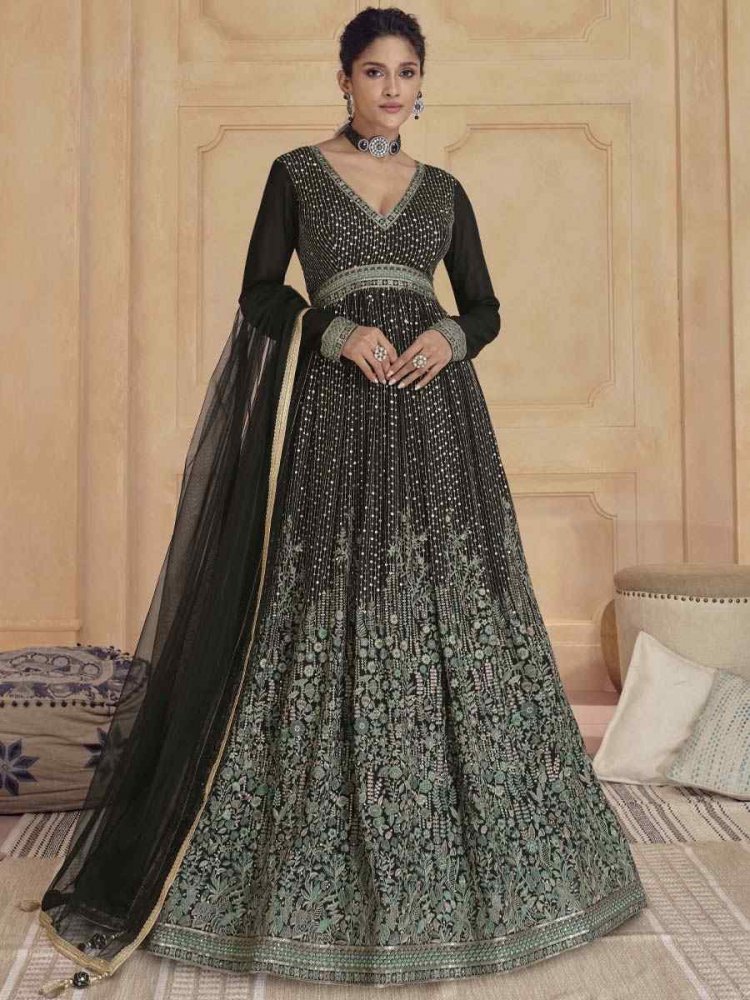 Black Heavy Blooming Georgette Embroidered Festival Mehendi Gown