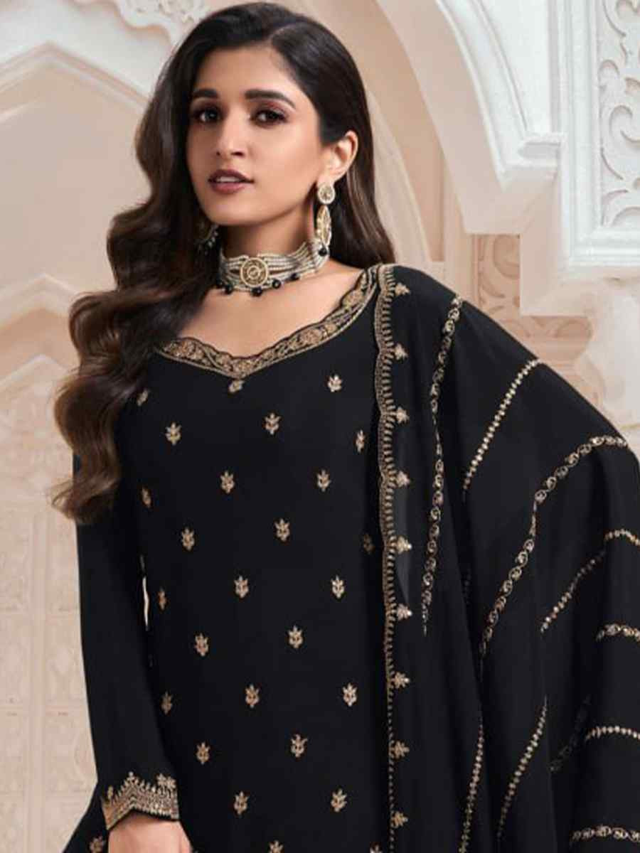 Black Heavy Chinon Embroidered Festival Casual Palazzo Pant Salwar Kameez