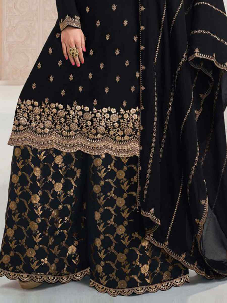 Black Heavy Chinon Embroidered Festival Casual Palazzo Pant Salwar Kameez