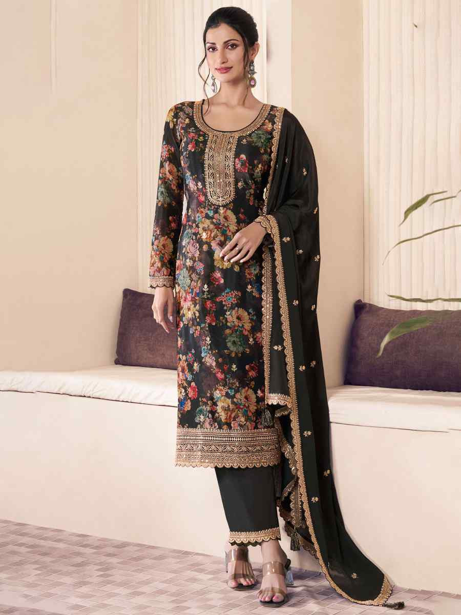 Black Heavy Chinon Embroidered Festival Casual Ready Pant Salwar Kameez