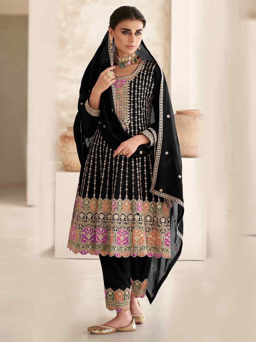 Black Heavy Chinon Embroidered Festival Mehendi Ready Patiala Salwar Kameez