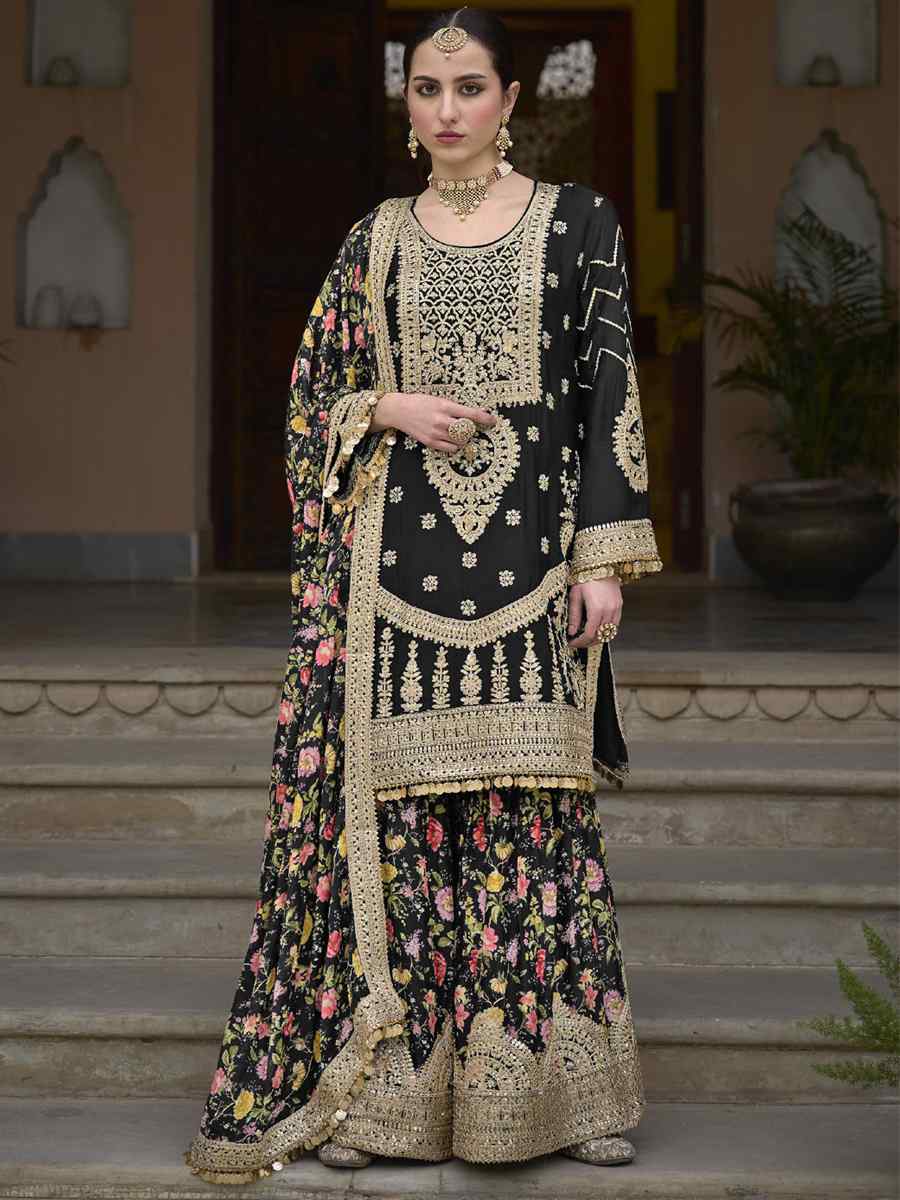 Black Heavy Chinon Embroidered Festival Wedding Palazzo Pant Salwar Kameez