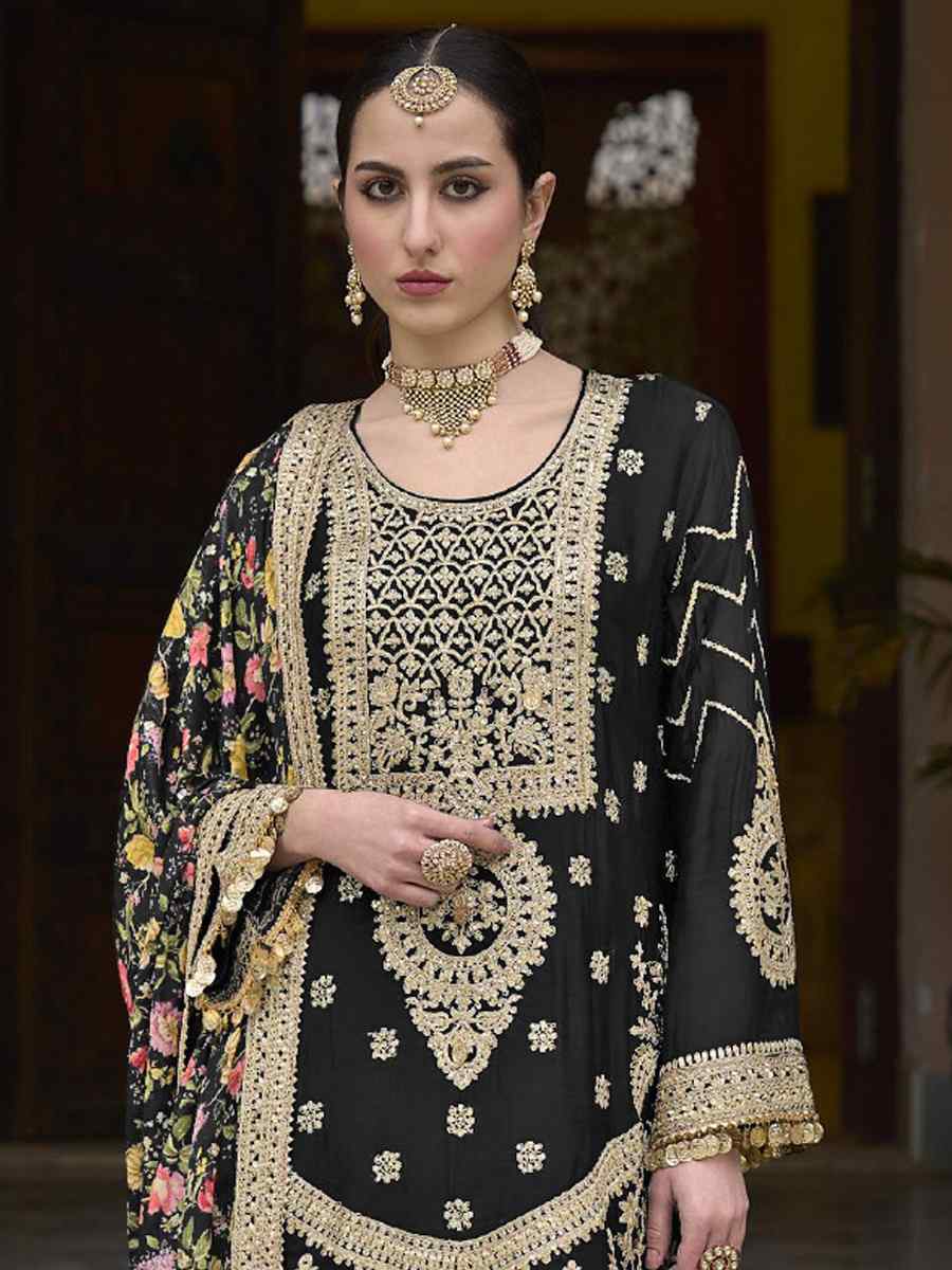 Black Heavy Chinon Embroidered Festival Wedding Palazzo Pant Salwar Kameez