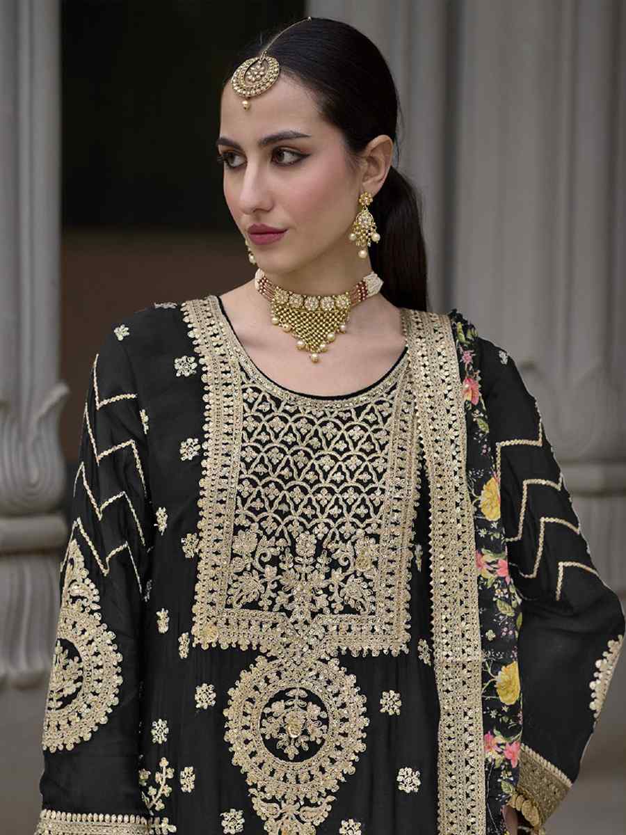 Black Heavy Chinon Embroidered Festival Wedding Palazzo Pant Salwar Kameez