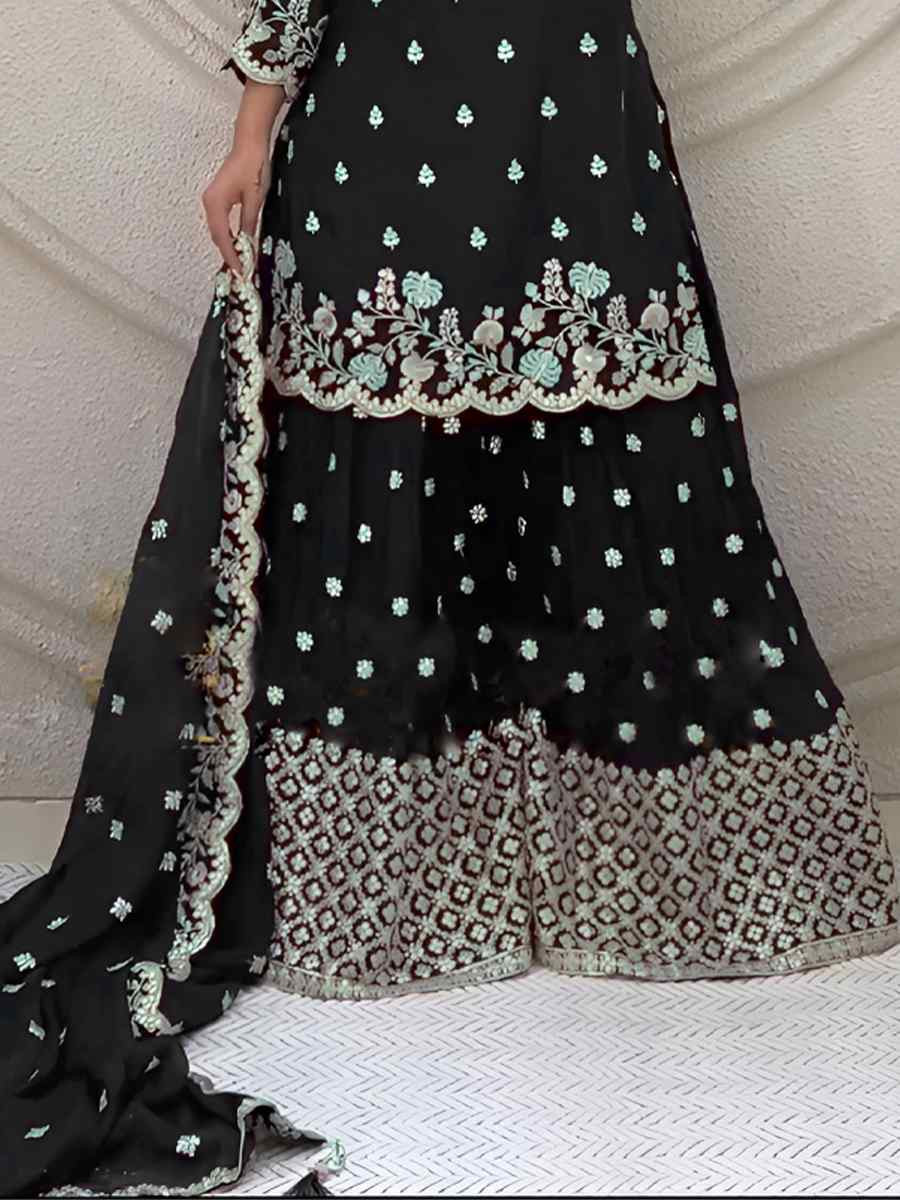 Black Heavy Chinon Silk Embroidered Festival Casual Ready Sharara Pant Salwar Kameez