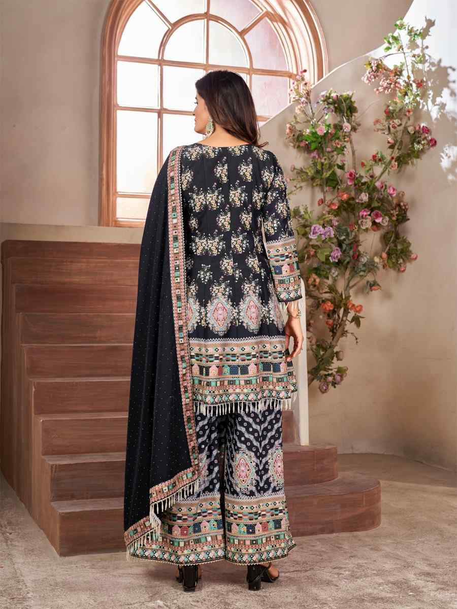 Black Heavy Cotton Muslin Embroidered Party Wedding Ready Palazzo Pant Salwar Kameez