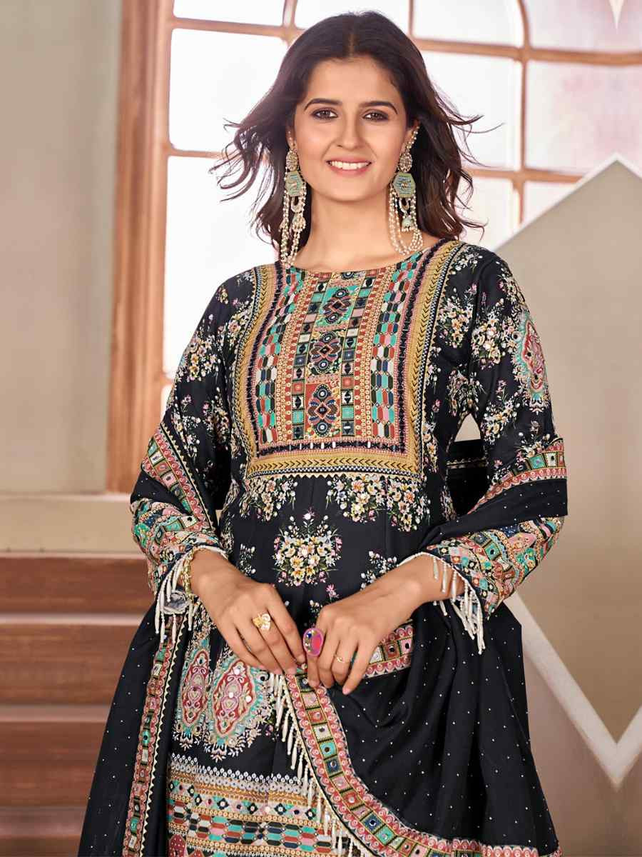 Black Heavy Cotton Muslin Embroidered Party Wedding Ready Palazzo Pant Salwar Kameez