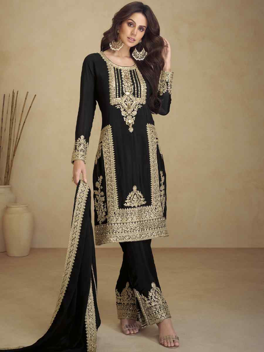 Black Heavy Faux Georgett Embroidered Festival Wedding Pant Salwar Kameez