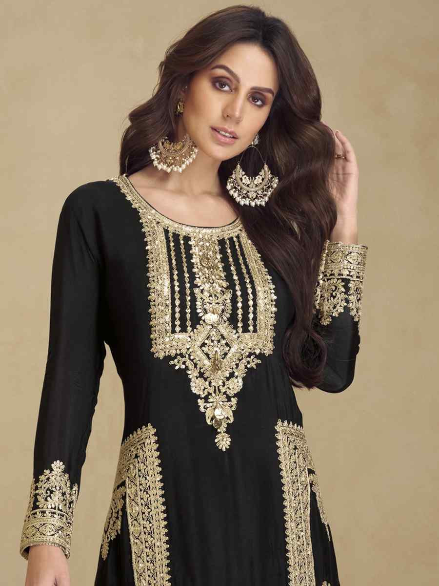 Black Heavy Faux Georgett Embroidered Festival Wedding Pant Salwar Kameez