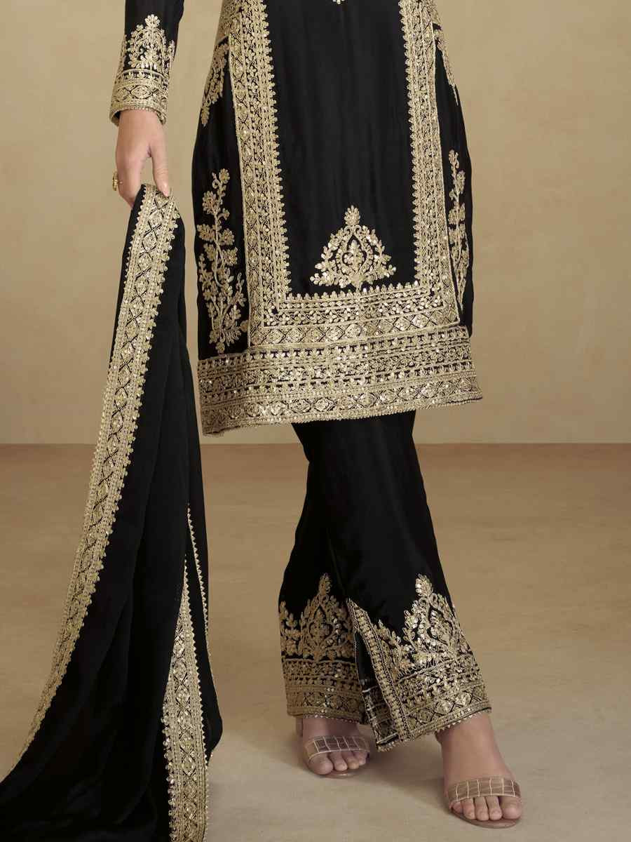 Black Heavy Faux Georgett Embroidered Festival Wedding Pant Salwar Kameez