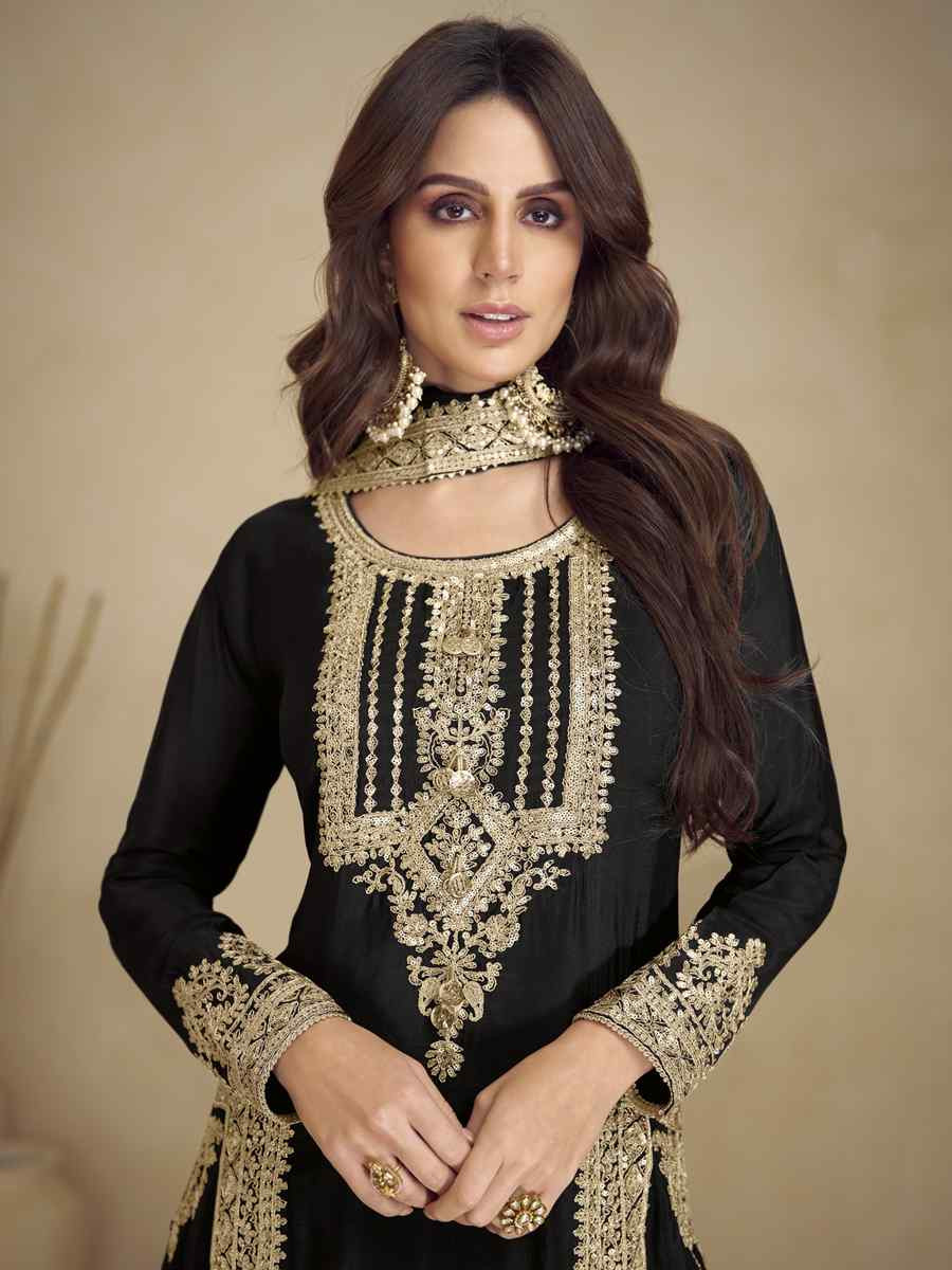 Black Heavy Faux Georgett Embroidered Festival Wedding Pant Salwar Kameez