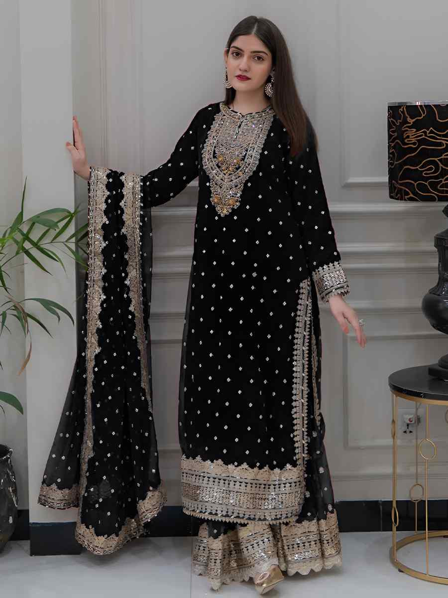 Black Heavy Faux Georgette Embroidered Festival Casual Ready Sharara Pant Salwar Kameez