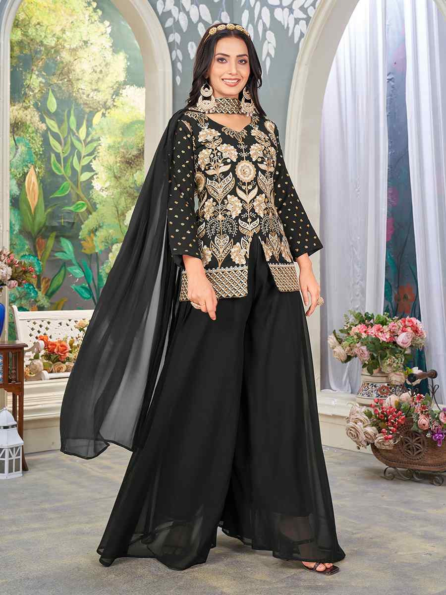 Black Heavy Faux Georgette Embroidered Festival Party Ready Palazzo Pant Salwar Kameez